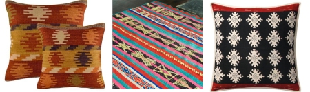 Fairtrade Aztec wool kilm cushions from £24.95 Myakka, Urumbamba Peruvian rug £195 A Rum Fellow, Aztec woven linen cushion £55, Oka